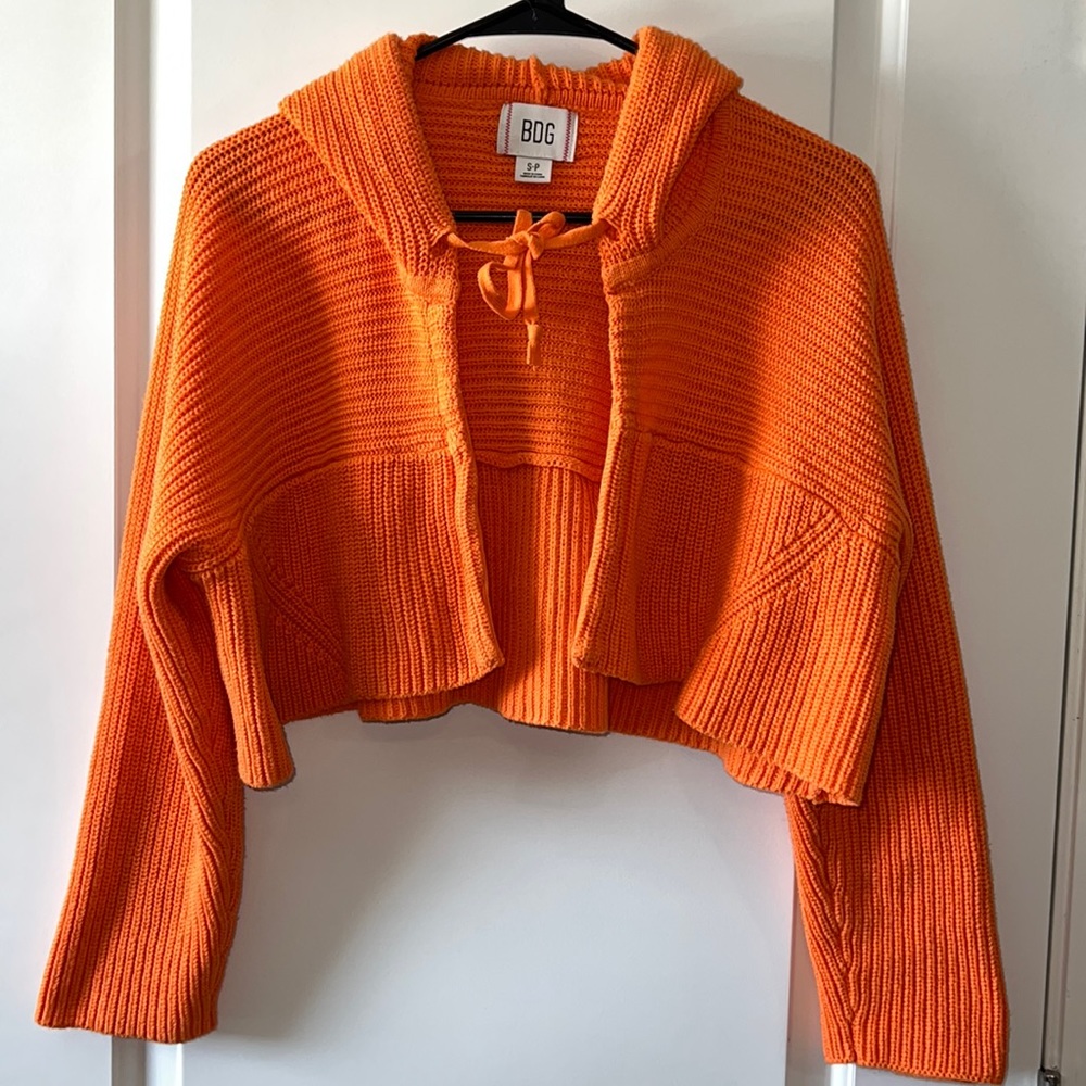 Urban Outfitters Cropped Knit Hoodie Cardigan - Bright Orange